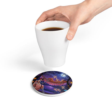 🌙🎃 Moonlit Mischief In The Pumpkin Grove Ceramic Coaster – Whimsical Halloween Fantasy