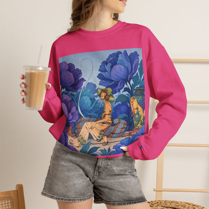 💙🌸 The Lady Among The Blue Blossoms Crewneck Sweatshirt – Art Deco Floral Reverie