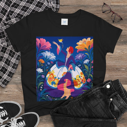 🐦🌸 The Enchanted Birdsong Cotton Tee – Art Deco Garden Whimsy