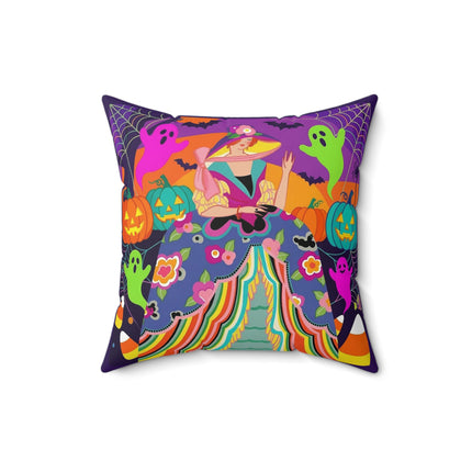 🌈👻 The Rainbow Ghost Masquerade Square Pillow – Colorful Halloween Charm