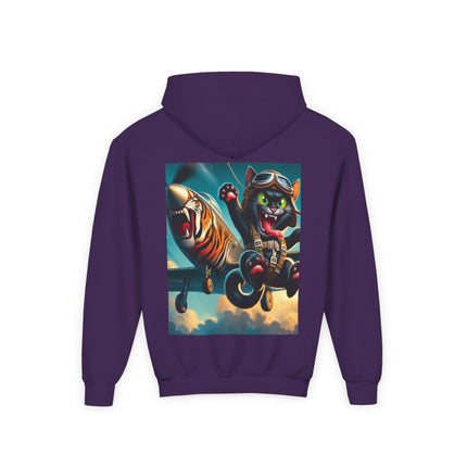 Parachuting Cat Commando Youth Hooded Sweatshirt – Action, Adventure & Wild Imagination
