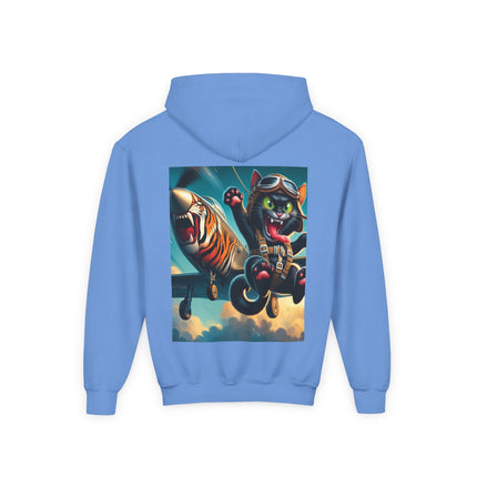 Parachuting Cat Commando Youth Hooded Sweatshirt – Action, Adventure & Wild Imagination