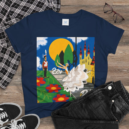 🦢🏰 The Enchanted Swan Ballet Cotton Tee – Art Deco Fairytale Whimsy
