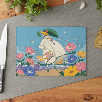 🌊🌸 The Lady Of The Seaside Garden Glass Cutting Board – Art Deco Coastal Fashion