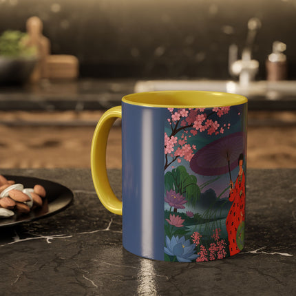 The Lady Of The Cherry Blossoms Colorful Mugs – Art Deco Spring Elegance