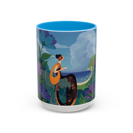 The Lady And The Sea Breeze Colorful Mugs – Art Deco Coastal Serenity