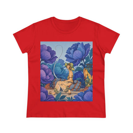 💙🌸 The Lady Among The Blue Blossoms Cotton Tee – Art Deco Floral Reverie