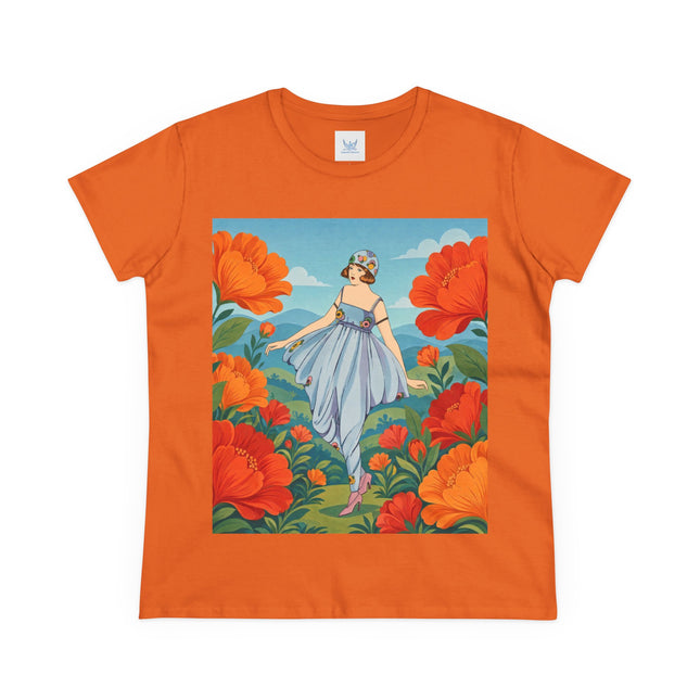 🌺🩵 The Poppy Hill Promenade Cotton Tee – Art Deco Fashion Whimsy