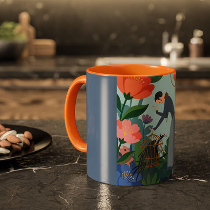 The Lady And The Mysterious Bird Colorful Mugs – Art Deco Botanical Mystery