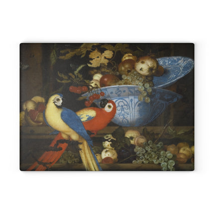 Fruit Still Life With Two Parrots by Balthasar Van der Ast Glass Cutting Board