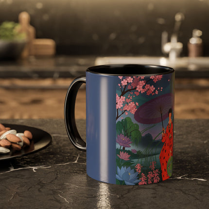 The Lady Of The Cherry Blossoms Colorful Mugs – Art Deco Spring Elegance