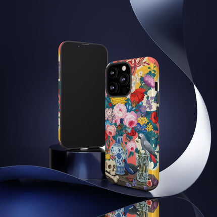 Floral Vanitas Phone Case – Parrot & Porcelain Splendor