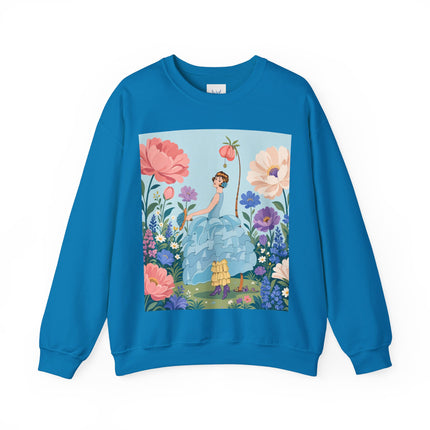🌸🩵 The Blue Ruffle Garden Crewneck Sweatshirt – Art Deco Floral Whimsy