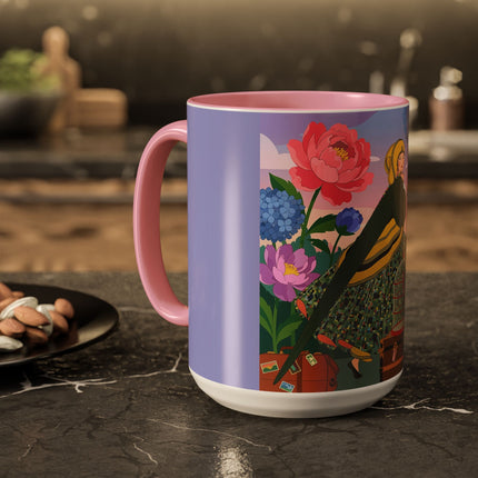 The Lady And The Crimson Birdcage Colorful Mugs – Art Deco Tropical Garden Elegance