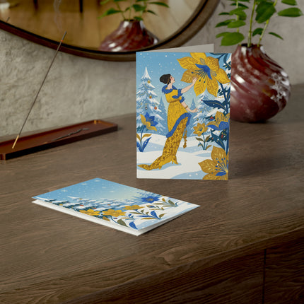 🌼❄️ The Lady Of The Golden Winter Blossom Greeting Card – Art Deco Holiday Elegance