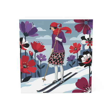 🎿🌺 The Winter Flower Skier Note Cube – Art Deco Alpine Fantasy