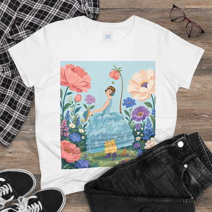 🌸🩵 The Blue Ruffle Garden Cotton Tee – Art Deco Floral Whimsy