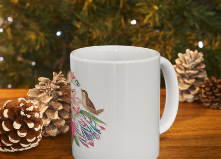 Pair of Brown Birds on Bouquet with Tulip, Rose, Snapdragons, and Butterflies by Anonymous Ceramic Mug 11oz