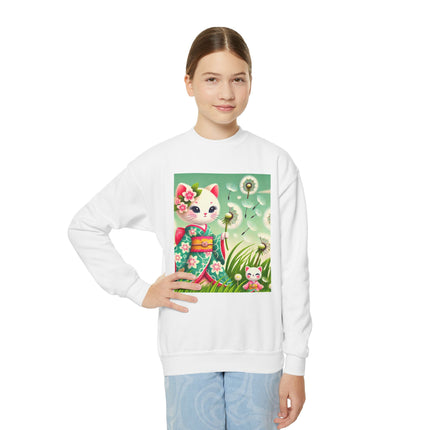 Geisha Kitten and the Dandelion Wish Youth Crewneck Sweatshirt – Gentle Magic, Dreams & Quiet Beauty
