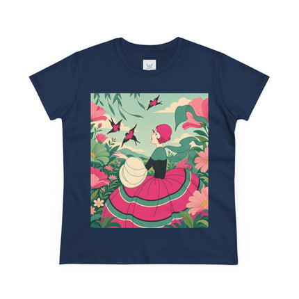 🐦🌺 The Garden Of Flying Birds Cotton Tee – Art Deco Floral Whimsy
