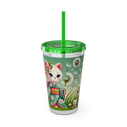 Geisha Kitten and the Dandelion Wish Sunsplash Tumbler with Straw, 16oz