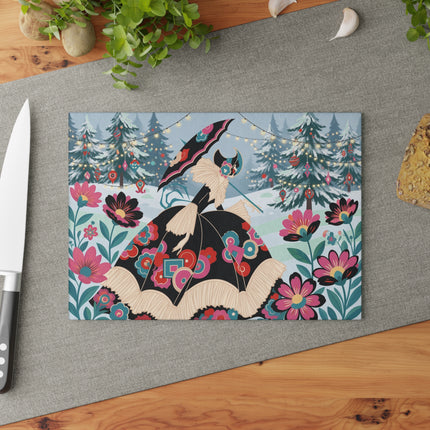 🌸❄️ The Lady Of The Winter Blossom Glass Cutting Board – Art Deco Holiday Fantasy