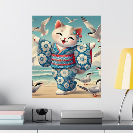 🌊🐱 Geisha Kitten by the Seaside Matte Vertical Poster – Coastal Charm & Ocean Breeze