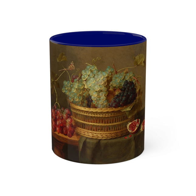 Basket of Grapes and a Pomegranate on a Table by Jacob van Hulsdonck Colorful Mugs, 11oz