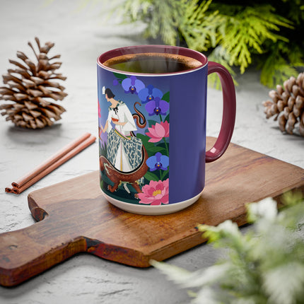 The Lady And The Garden Dragon Colorful Mugs – Art Deco Mythical Botanical Elegance