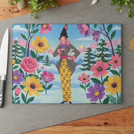 🐇❄️ The Lady Of The Winter Rabbit Garden Glass Cutting Board – Art Deco Holiday Fantasy