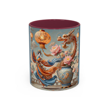 Golden Dragon & Lantern Lady Colorful Mug – Imperial Dragon & Elegant Harmony