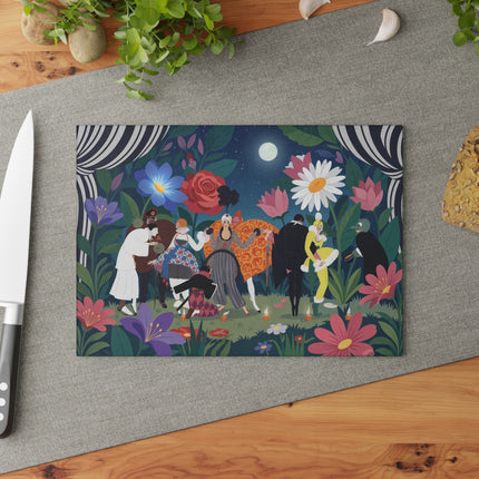🌙🌺 The Midnight Garden Masquerade Glass Cutting Board – Art Deco Floral Fantasy