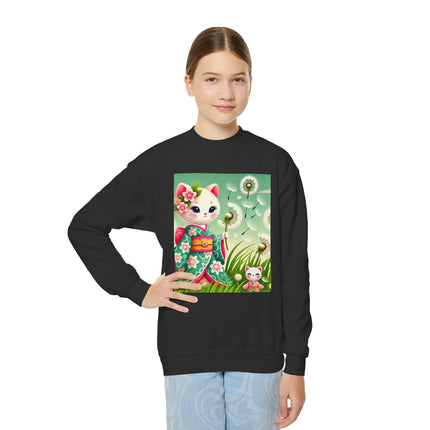 Geisha Kitten and the Dandelion Wish Youth Crewneck Sweatshirt – Gentle Magic, Dreams & Quiet Beauty