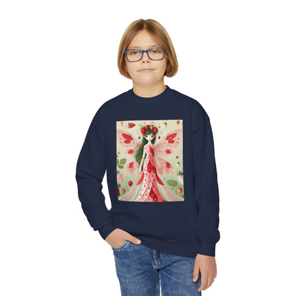 Strawberry Fairy Delight Youth Crewneck Sweatshirt – Sweet Magic, Nature & Whimsical Joy
