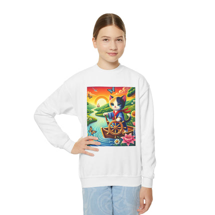 Sailor Kitten’s River Adventure Youth Crewneck Sweatshirt – Exploration, Joy & Storybook Adventure