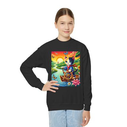 Sailor Kitten’s River Adventure Youth Crewneck Sweatshirt – Exploration, Joy & Storybook Adventure