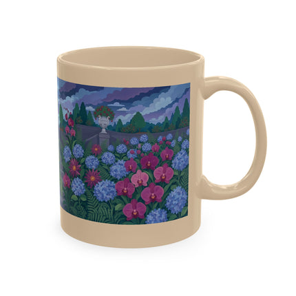 🦚🌸 The Lady & The Peacock On The Garden Steps Ceramic Mug – Art Deco Garden Elegance