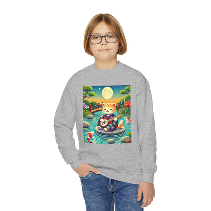 Melodic Kitten by the Koi Pond Youth Crewneck Sweatshirt – Harmony, Joy & Whimsical Charm