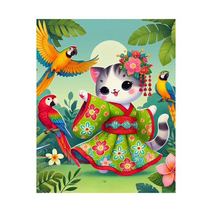 🦜🐱 Parrot Dance of the Geisha Kitten Matte Vertical Poster – Tropical Whimsy & Colorful Charm
