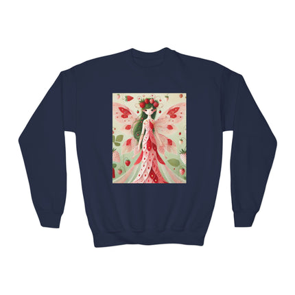 Strawberry Fairy Delight Youth Crewneck Sweatshirt – Sweet Magic, Nature & Whimsical Joy