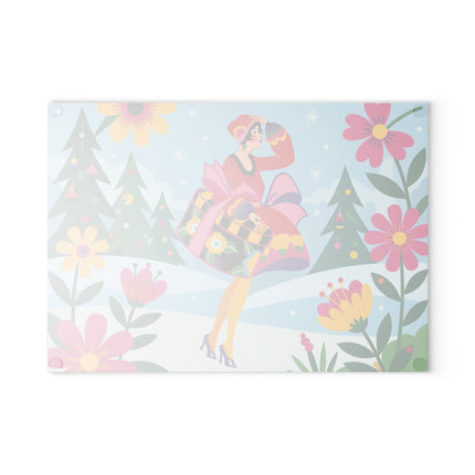 🌸❄️ The Lady Of The Colorful Winter Garden Glass Cutting Board – Art Deco Holiday Fantasy