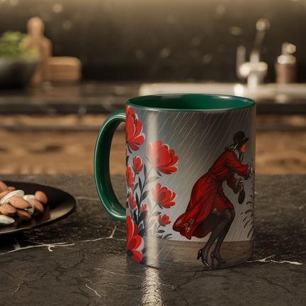 ☔🌹 The Scarlet Rainstorm Promenade Colorful Mug – Art Deco Motoring Elegance