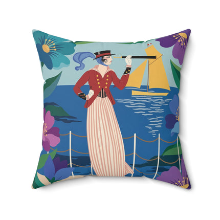 🌊🔭 The Lady Of The Seaside Lookout Square Pillow – Art Deco Nautical Adventure