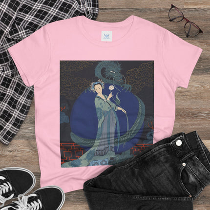 🐉🪷 The Lady Of The Lotus Dragon Cotton Tee – Art Deco Asian Fantasy