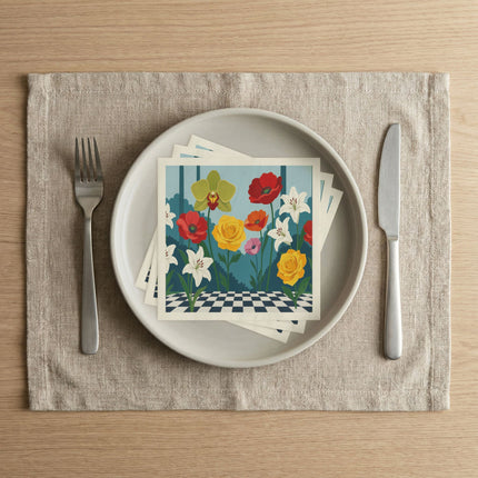 🌺🌹 The Enchanted Checkerboard Flower Garden Napkins – Art Deco Floral Whimsy