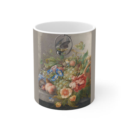 Still Life With Flowers, Fruit, A Great Tit And A Mouse by Herman Henstenburgh Ceramic Mug 11oz