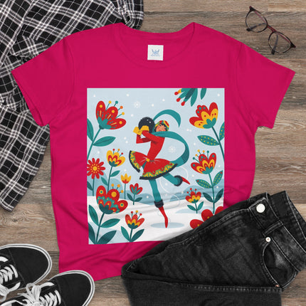 ⛸️🌺 The Winter Flower Skater Cotton Tee – Whimsical Winter Fashion