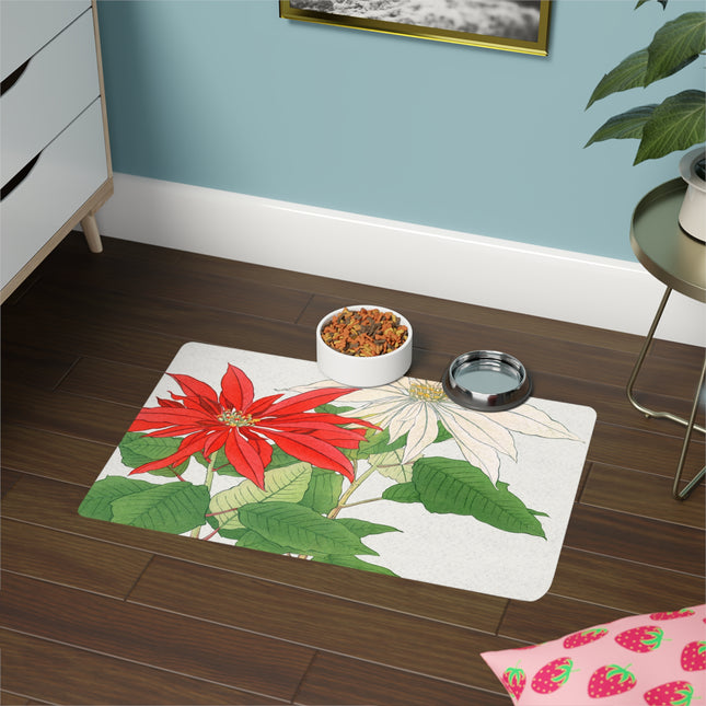 Vintage Poinsettia Glory Pet Food Mat – Red & White Holiday Bloom