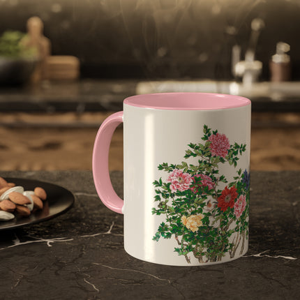 Peonies and Birds by Okamoto Shuki Colorful Mugs, 11oz