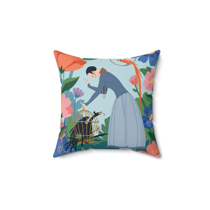 🦜🌺 The Lady Of The Garden Aviary Square Pillow – Art Deco Floral Whimsy